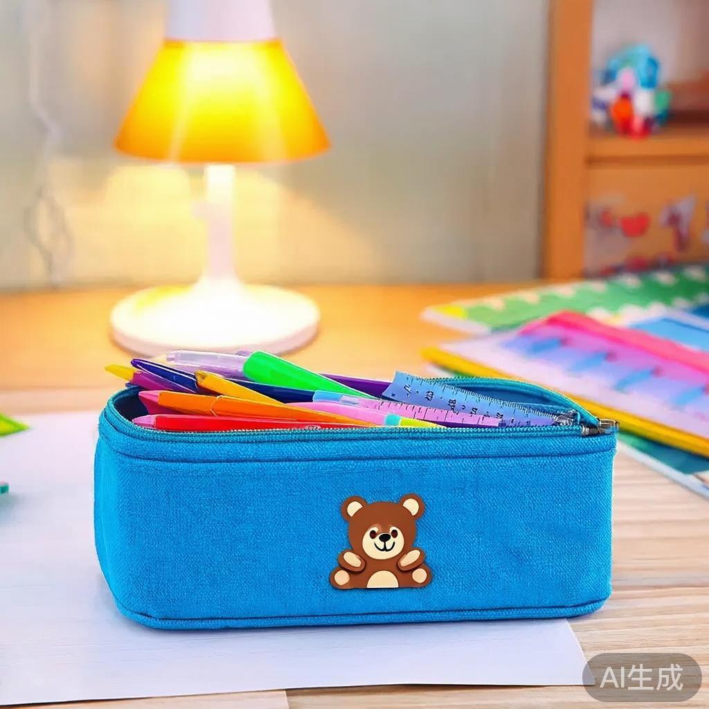 A blue canvas pencil case with